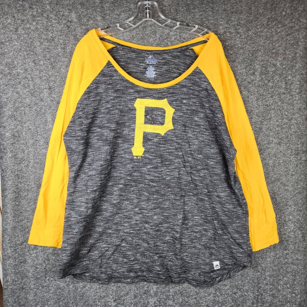 Majestic Pittsburgh Pirates T-Shirt Women 2X Gray Yellow Raglan MLB Fan Fashion